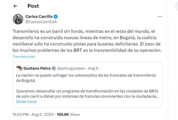 Carlos Carrillo crítica Transmilenio y genera discusión con Enrique Peñalosa - crédito @CarlosCarrilloA
