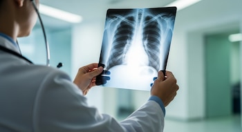 Un médico, visto de espaldas, sostiene una radiografía de tórax a contraluz, mostrando los pulmones y costillas. Lleva bata blanca y estetoscopio.
