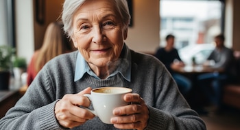 Una mujer adulta mayor con cabello blanco y suéter gris sonríe directamente a la cámara mientras sostiene una taza de café humeante con ambas manos.