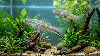Dos peces plateados nadan sobre un fondo de grava, piedras, troncos de madera y plantas acuáticas verdes.