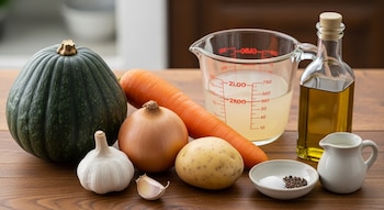 Ingredientes para cocinar sobre mesada de madera: zapallo, zanahoria, cebolla, papa, ajo, caldo, aceite, sal, pimienta y crema listos para usar.