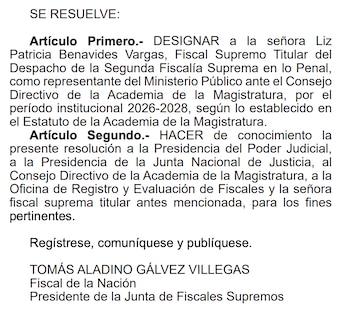 Patricia Benavides es elegida como miembro de la Academia de la Magistratura.