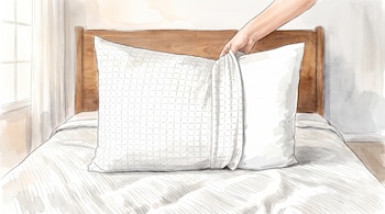 Dibujo en acuarela de una mano que desliza una funda sobre una almohada blanca colocada en una cama con respaldo de madera.