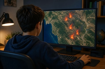 Joven de espaldas frente a un monitor de escritorio que proyecta una imagen satelital con varios focos de fuego en una zona montañosa.
