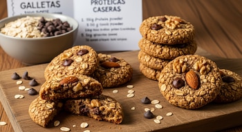 Imagen de galletas proteicas caseras con avena, chocolate, almendras y nueces sobre una tabla de madera, con una cookie partida a la mitad.