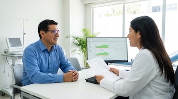 Un hombre adulto con gafas y una médica con bata blanca sentados en un consultorio, con un monitor mostrando gráficos, documentos y un teclado sobre un escritorio.