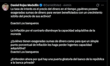 El ministro Daniel Rojas Medellín criticó la política monetaria del Banco de la República, afirmando que las alzas en la tasa de interés benefician a los banqueros y generan desempleo - crédito Daniel Rojas/X