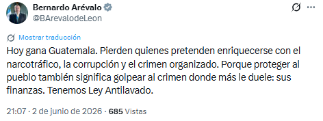 Bernardo Arévalo, mandatario guatemalteco, afirmó que la protección al pueblo requiere golpear al crimen donde más le duele: sus recursos económicos. (Cortesía: Bernardo Arévalo)