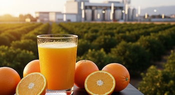 Vaso de jugo de naranja, naranjas enteras y cortadas. Detrás, un extenso campo de naranjos y una planta procesadora bajo el sol.