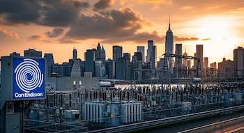 Vista horizontal de una subestación eléctrica con el logo de Con Edison a la izquierda, y el skyline de Nueva York al fondo, bajo un cielo naranja nublado.