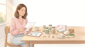 Ilustración de mujer con blusa rosa sentada a la mesa con documentos. Junto a ella, suplementos, tofu, edamame, taza de té, iconos de ejercicio y meditación.