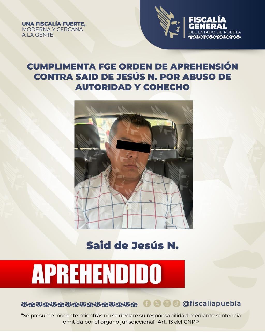 Detienen al alcalde de Tepeyuahualco, Puebla, Said de Jesús N (foto: FGE Puebla)
