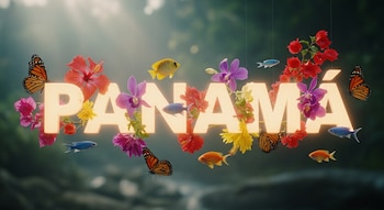Letras luminosas forman la palabra Panamá, rodeada por varias mariposas monarca, peces de colores variados y flores tropicales rojas, moradas y amarillas.