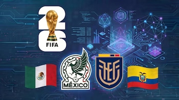 Logotipo FIFA 2026 con trofeo Copa del Mundo, bandera y escudo de México, bandera y escudo de Ecuador, fondo con circuitos y elementos digitales.