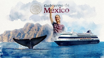 Pintura acuarela: mujer sonriente saluda, cola de ballena, crucero "Lora" y montañas en el mar. Incluye logo "Gobierno de México".