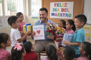 Maestro sonriente sentado, rodeado de niños que le dan flores y regalos. Un cartel de "Feliz Día del Maestro" se ve detrás en un aula escolar.