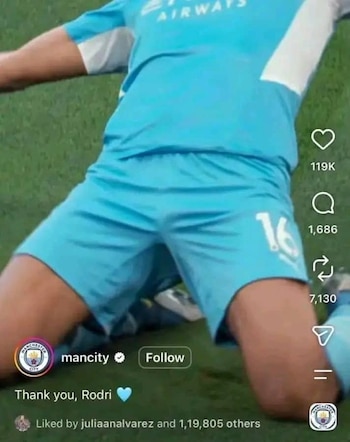 El like de Julián Álvarez al posteo del Manchester City anunciando la salida de Rodri al Barcelona