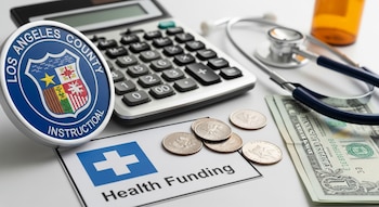 Primer plano de un cartel institucional del Condado de Los Ángeles, calculadora, monedas, billetes, estetoscopio y formulario "Health Funding".