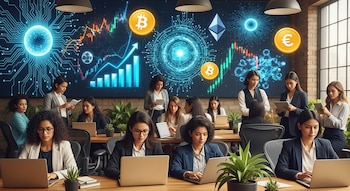 Grupo de mujeres latinoamericanas trabajando en laptops en un espacio de coworking, con una pantalla grande al fondo mostrando gráficos de crecimiento financiero, criptomonedas y símbolos de IA.