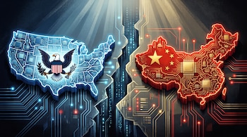 Mapas de Estados Unidos y China con patrones de circuitos y microchips, divididos por una barrera digital. El mapa de Estados Unidos incluye un águila calva, y el de China, una estrella dorada.