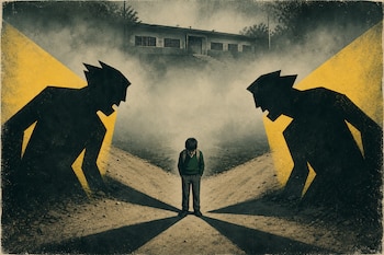 Ilustración de un niño con uniforme escolar entre dos siluetas oscuras sobre un camino de tierra, con una escuela entre la niebla al fondo.
