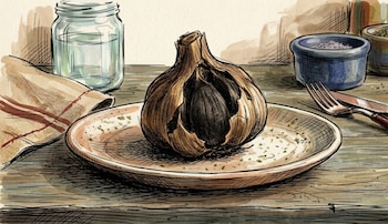 Ilustración de un bulbo de ajo negro parcialmente pelado en un plato beige, sobre una mesa de madera con un frasco de agua, servilleta y cubiertos