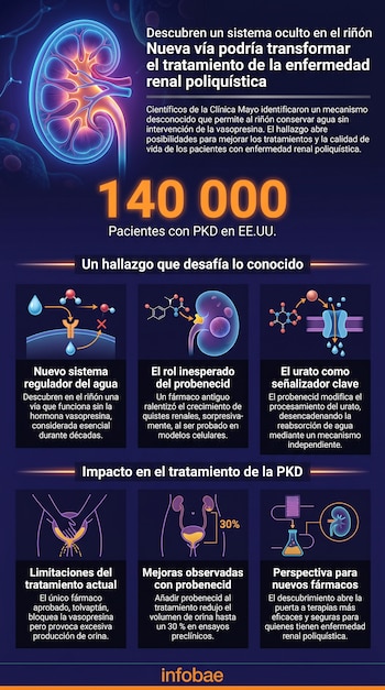 Infografía con ilustración de un riñón, diagramas moleculares y de órganos, texto sobre un descubrimiento renal y el número de pacientes.