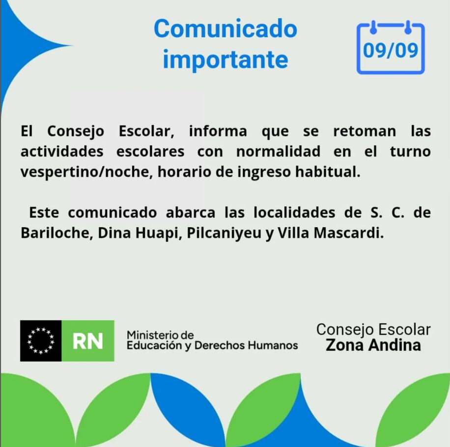 Las autoridades decidieron suspender las clases en por la mañana en Bariloche, Dina Huapi, Villa Mascardi y Pilcaniyeu