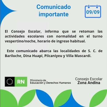 Las autoridades decidieron suspender las clases en por la mañana en Bariloche, Dina Huapi, Villa Mascardi y Pilcaniyeu