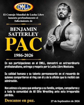 Comunicado del Consejo Mundial de Lucha Libre con el retrato en blanco y negro del luchador Benjamin Satterley, PAC, sobre fondo negro