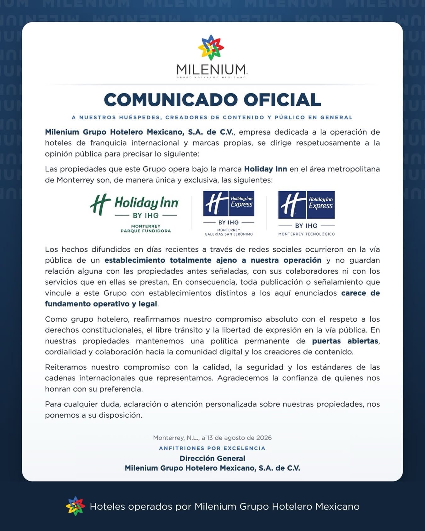 La empresa operadora aclaró que el establecimiento involucrado no pertenece a sus propiedades y reafirmó su postura sobre el libre tránsito y la libertad de expresión en la vía pública. (Captura de pantalla)
