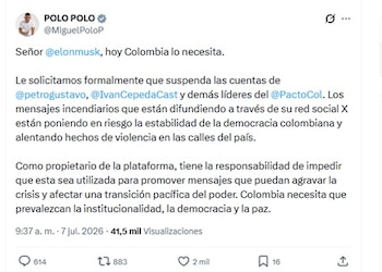 Polo Polo le hizo la petición a Musk vía X la mañana del martes 7 de julio de 2026 - crédito @MiguelPoloP/X