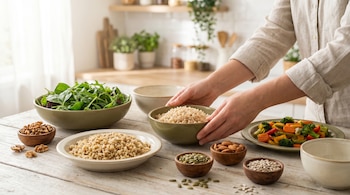 Manos anónimas colocan un bol de arroz integral en una mesa de madera clara con quinoa, ensalada, verduras salteadas y frutos secos, en una cocina luminosa.