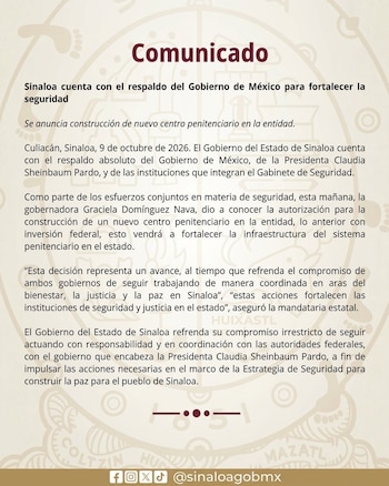 El gobierno del estado de Sinaloa confirmó la construcción de un nuevo centro penitenciario en la entidad. Crédito: X - @sinaloagobmx
