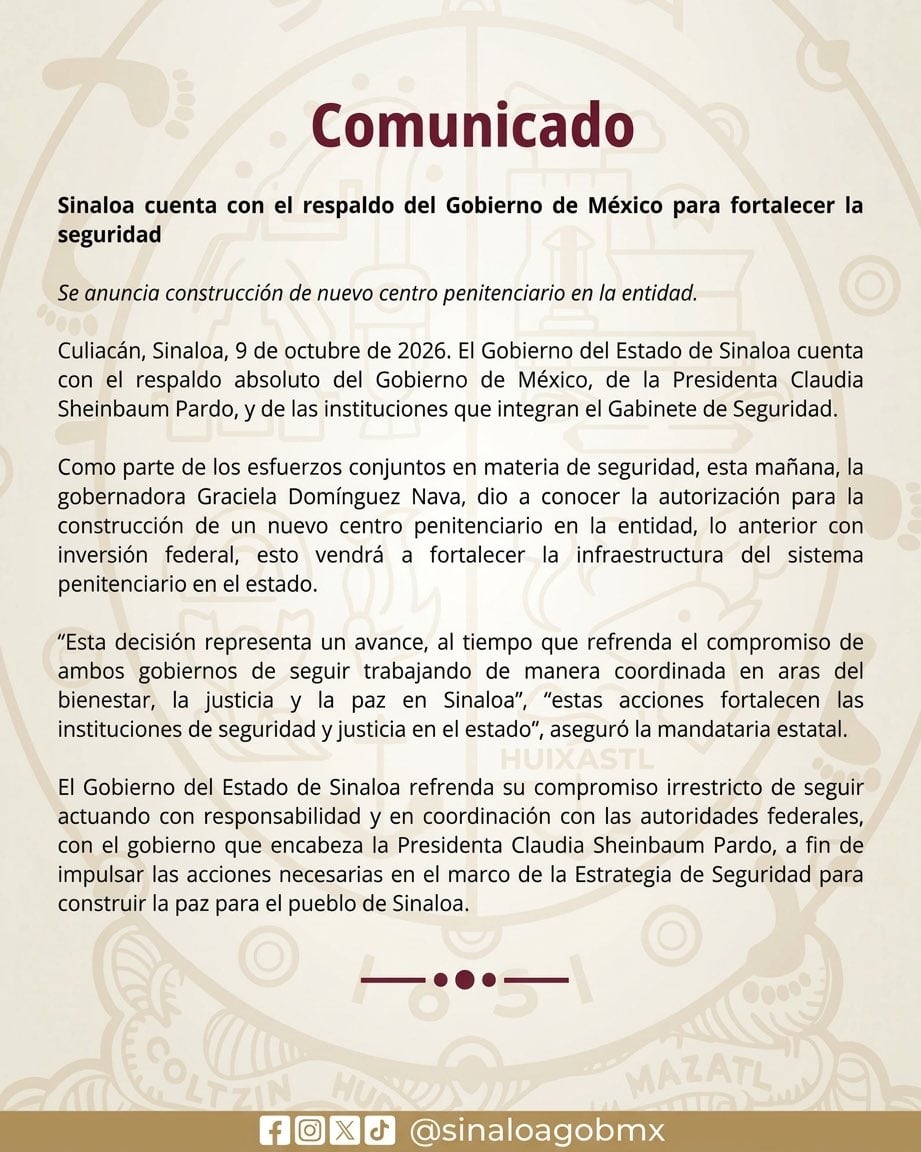 El gobierno del estado de Sinaloa confirmó la construcción de un nuevo centro penitenciario en la entidad. Crédito: X - @sinaloagobmx