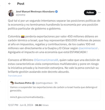 José Manuel Restrepo alertó por pérdida de recursos por concepto de impuestos debido al cese de exportaciones de carbón a Israel - crédito @jrestrp/X
