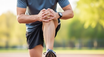 Un hombre de mediana edad con ropa deportiva, camiseta azul y pantalones cortos negros, estira su pierna derecha, con las manos entrelazadas sobre la rodilla.