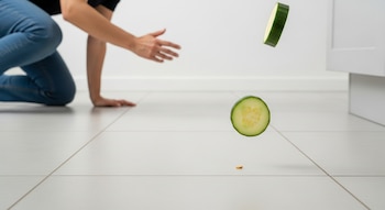 Una persona arrodillada en un suelo de baldosas claras extiende una mano hacia dos trozos de verdura verde que caen, con un mueble blanco al fondo.
