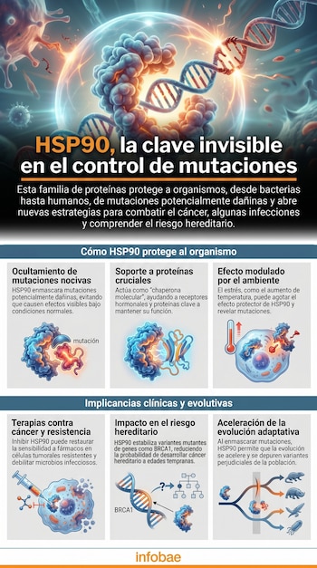 Infografía sobre HSP90 con título, texto explicativo, ilustraciones de ADN, proteínas, células y una jeringa, y logotipo de Infobae