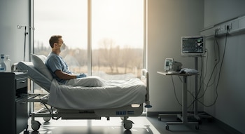 Un hombre de perfil, con mascarilla N95 y guantes azules, está sentado en una cama de hospital mirando por una gran ventana.
