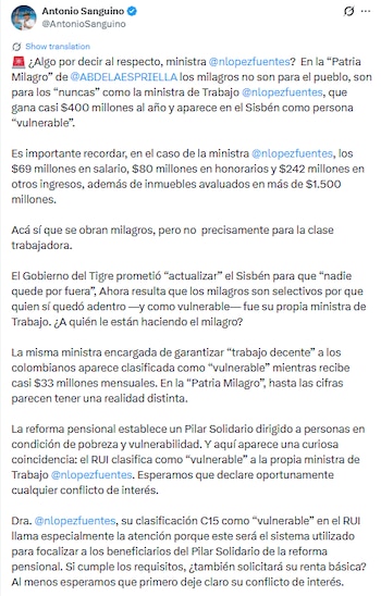 Sanguino cuestionó la aparente diferencia entre la clasificación de vulnerabilidad registrada y la información económica consignada en la declaración de la ministra, y acompañó sus señalamientos con los documentos correspondientes - crédito @AntonioSanguino/X