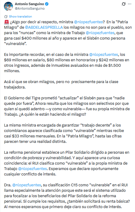 Sanguino cuestionó la aparente diferencia entre la clasificación de vulnerabilidad registrada y la información económica consignada en la declaración de la ministra, y acompañó sus señalamientos con los documentos correspondientes - crédito @AntonioSanguino/X