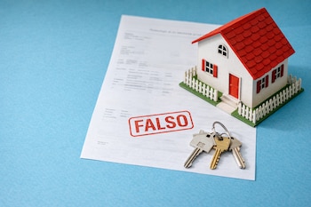 Primer plano de un documento blanco con un sello rojo que dice 'FALSO', una casa en miniatura blanca con techo rojo y un manojo de llaves sobre un fondo azul.