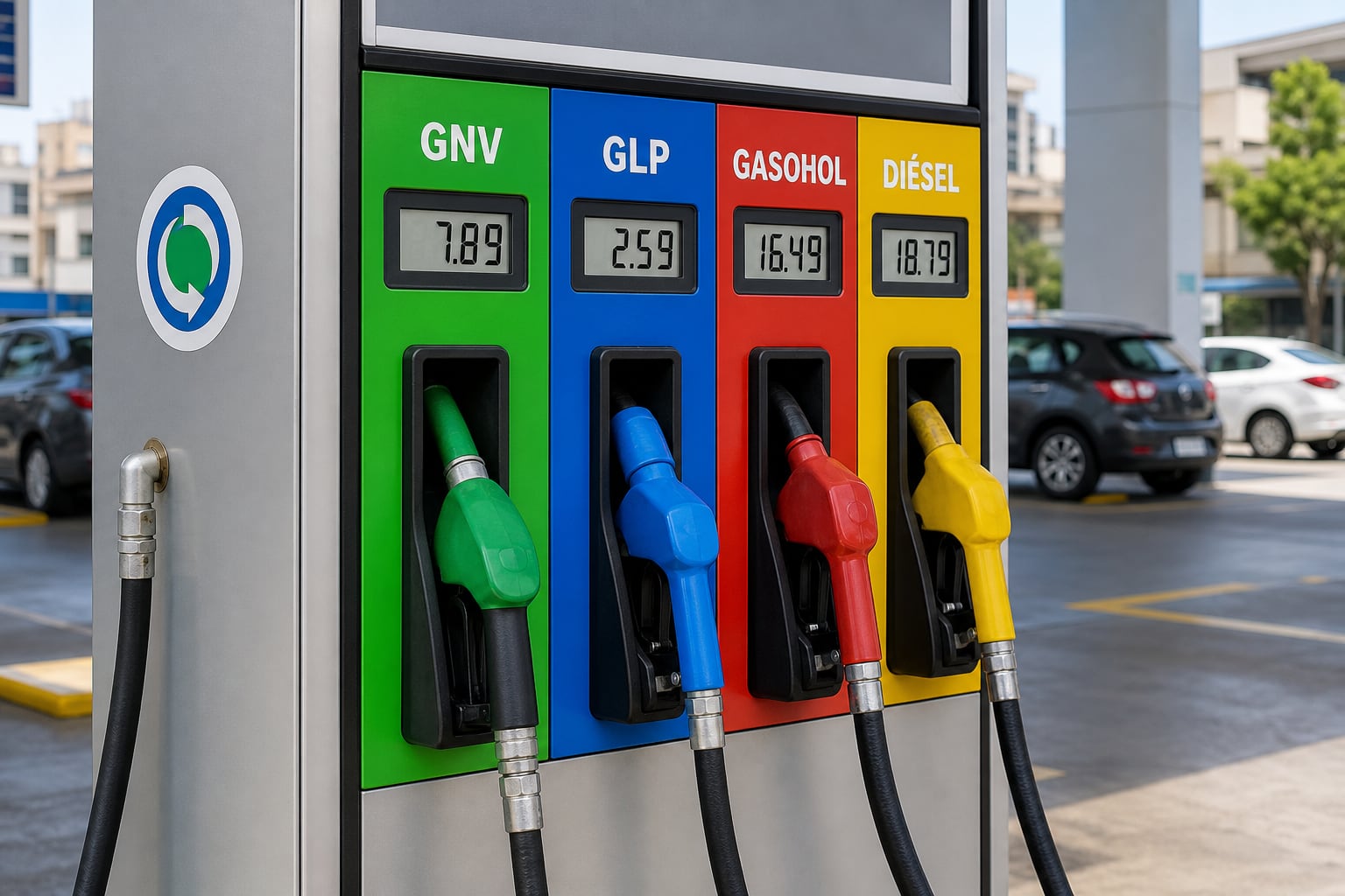 Un surtidor en una estación de servicio peruana exhibe las opciones de GNV, GLP, gasohol y diésel con sus precios por unidad. (Imagen Ilustrativa Infobae)