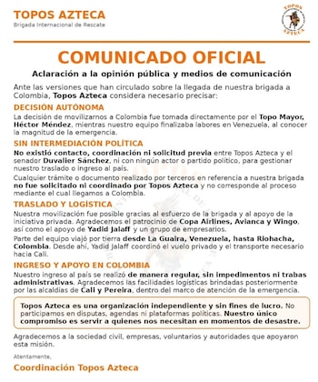 El comunicado precisó que el senador Duvalier Sánchez no tuvo comunicación previa con los Topos Azteca antes de su llegada a Colombia - crédito @toposazteca/IG