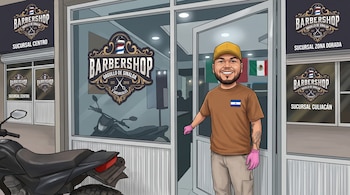 Caricatura de un hombre con gorra y bandera de El Salvador en la puerta de una barbería con letreros de tres sucursales en Sinaloa.