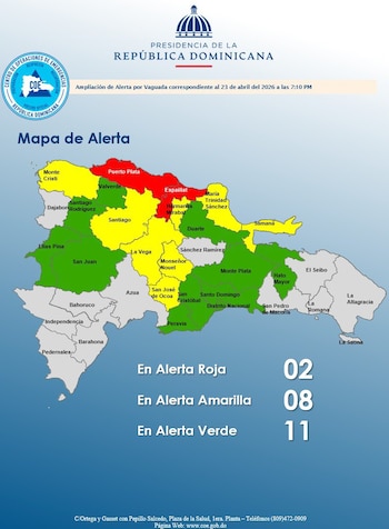 El COE mantiene 02 provincias en alerta roja,08 en amarilla y aumenta 10 y el Distrito Nacional en verde, debido a que un sistema frontal casi estacionario al norte del país (Cortesía @COE_RD).
