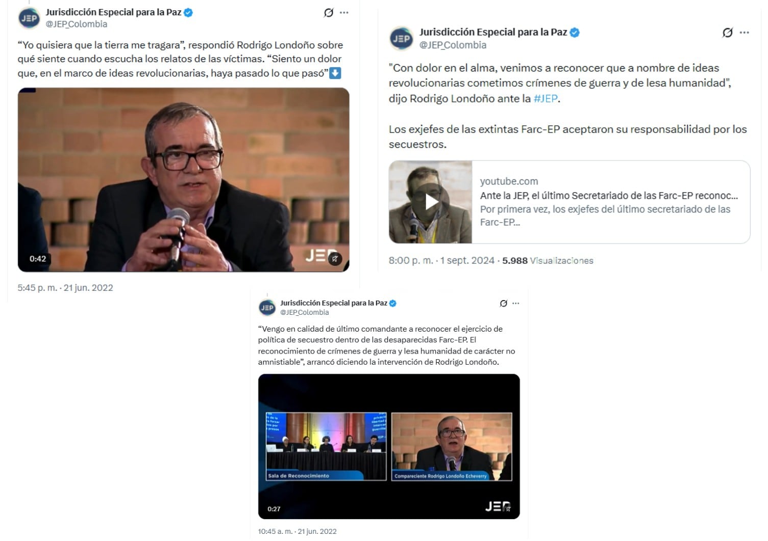 La JEP explicó que el video corresponde a una versión voluntaria rendida por Rodrigo Londoño en 2019 dentro del Caso 01, relacionado con la toma de rehenes y otras privaciones graves de la libertad cometidas por las Farc-EP - crédito @JEP_Colombia/X