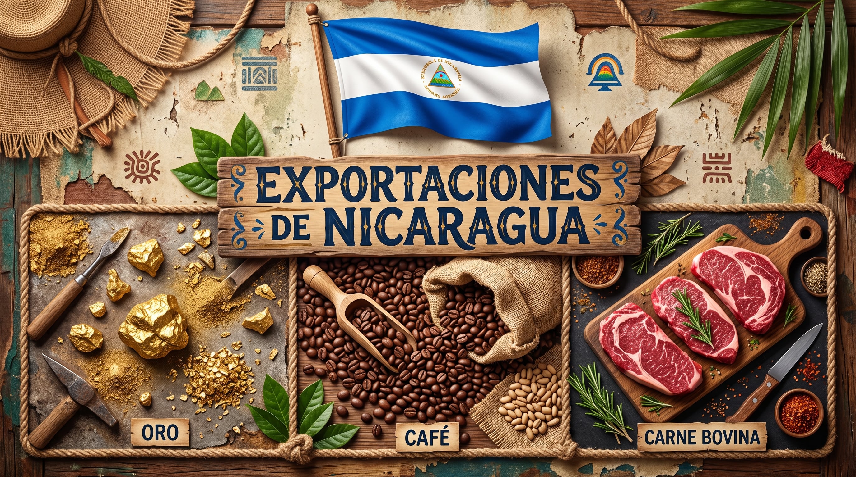 Un collage con la bandera de Nicaragua presenta los productos de exportación del país, como el oro, el café y la carne bovina. (Imagen Ilustrativa Infobae)