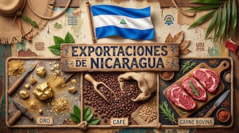 Collage con la bandera de Nicaragua, un cartel de madera, pepitas de oro, granos de café y cortes de carne bovina.